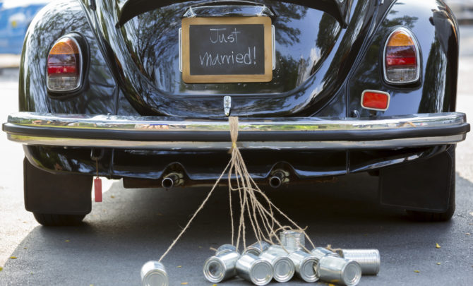 Just married sign and cans attached